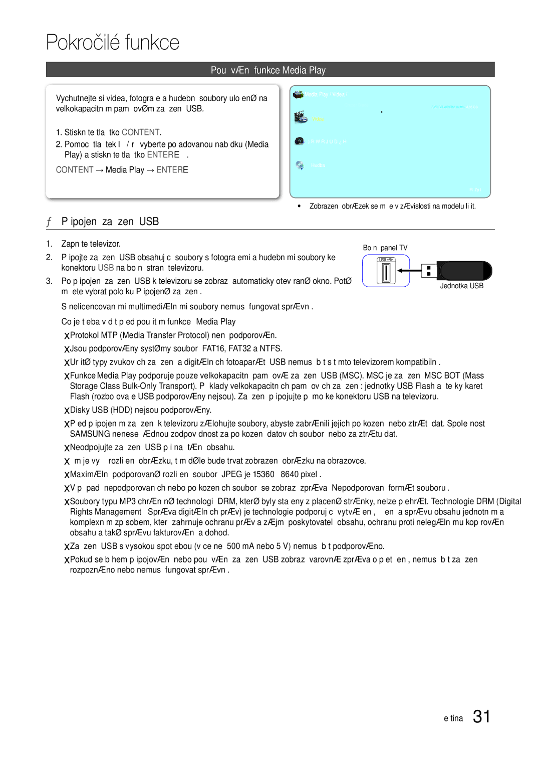 Samsung LT24B301EWY/EN manual Pokročilé funkce, Připojení zařízení USB, Používání funkce Media Play 