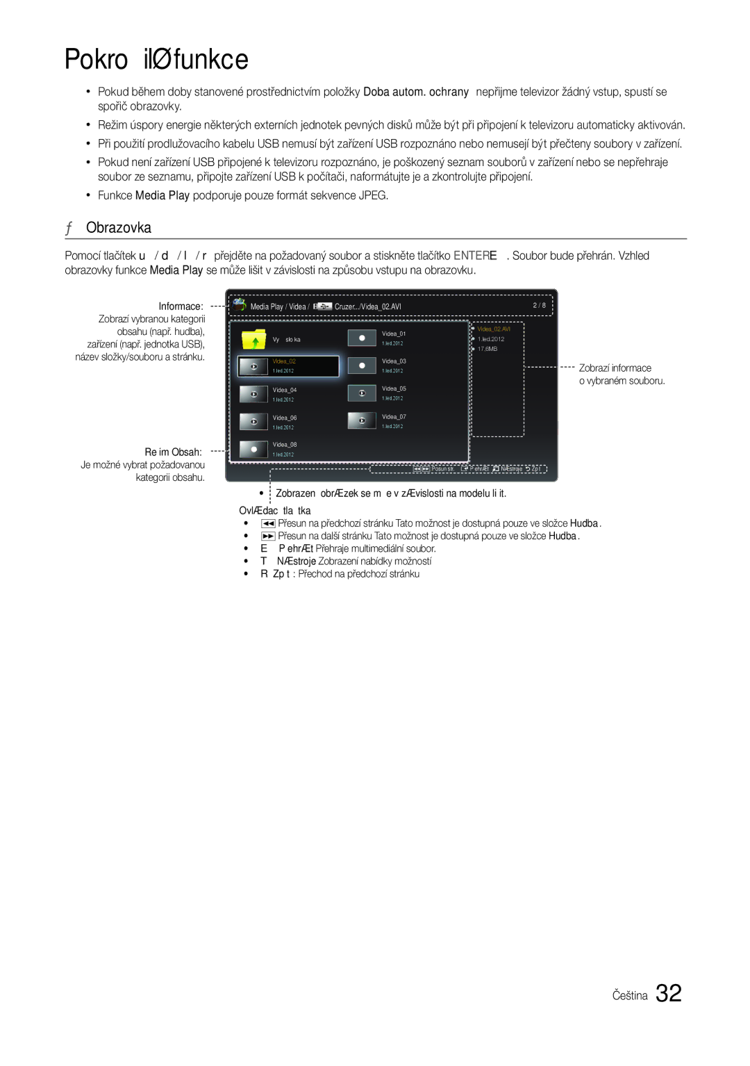 Samsung LT24B301EWY/EN manual Obrazovka, Xx Funkce Media Play podporuje pouze formát sekvence Jpeg 