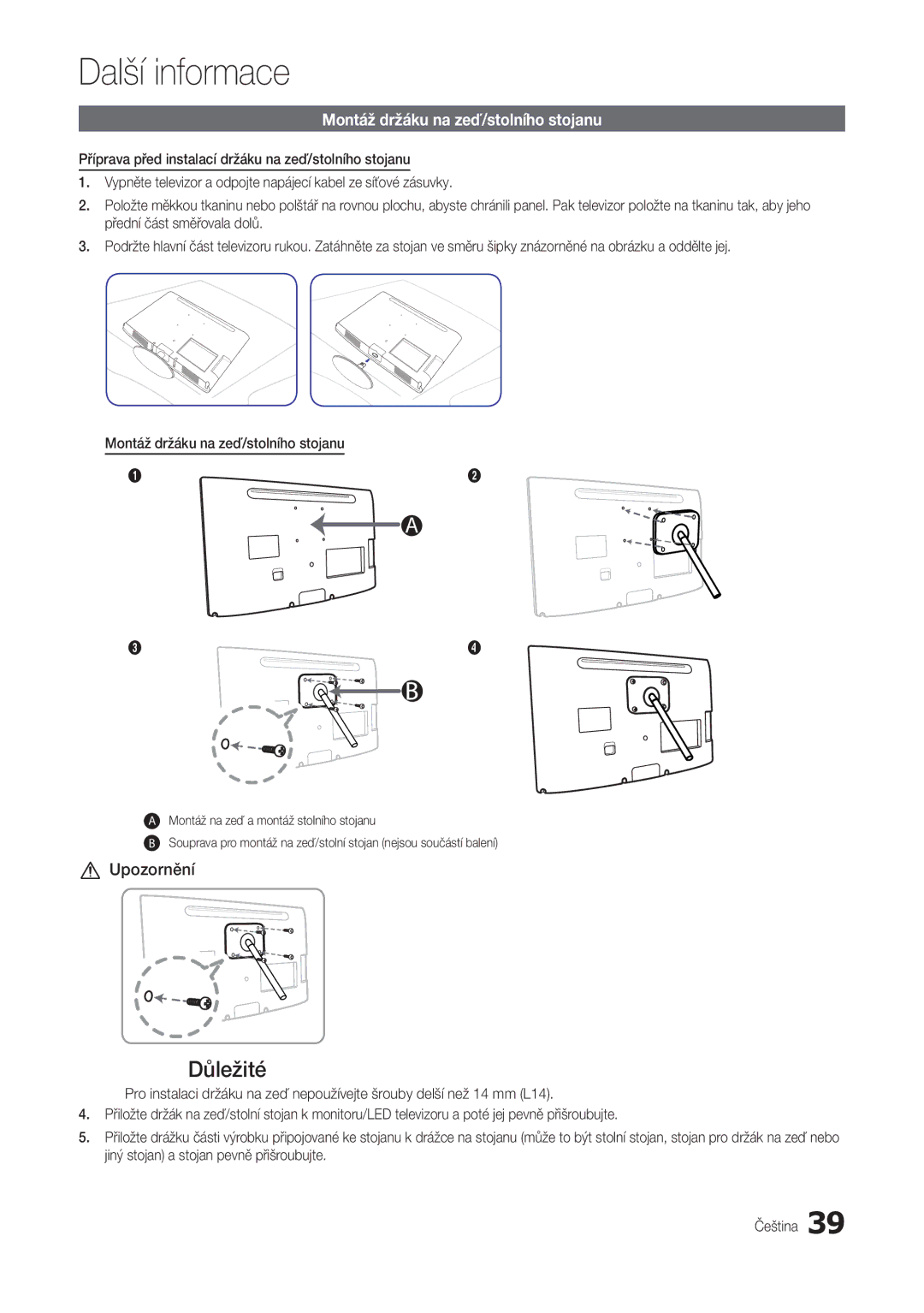 Samsung LT24B301EWY/EN manual Důležité, Montáž držáku na zeď/stolního stojanu 