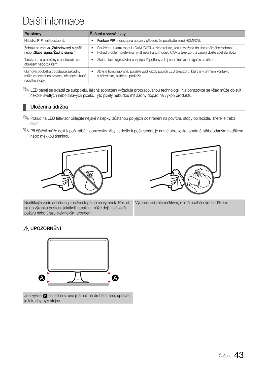 Samsung LT24B301EWY/EN manual Uložení a údržba, Nebo „Slabý signál/Žádný signál 