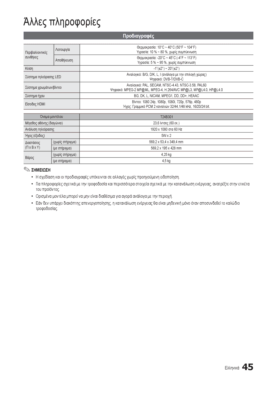 Samsung LT24B301EWY/EN manual Προδιαγραφές 