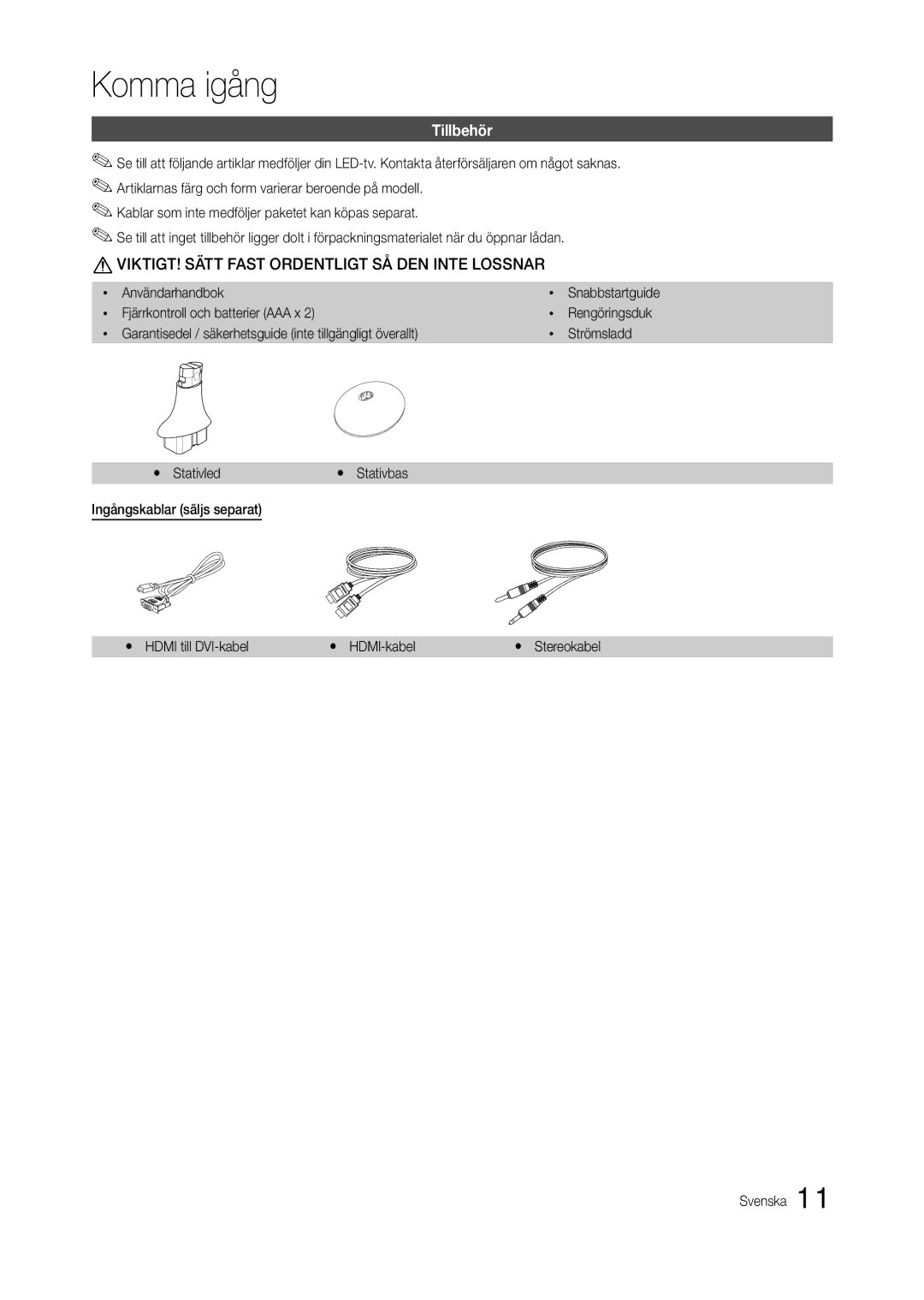 Samsung LT24B301EWY/XE manual Tillbehör, VIKTIGT! Sätt Fast Ordentligt SÅ DEN Inte Lossnar 