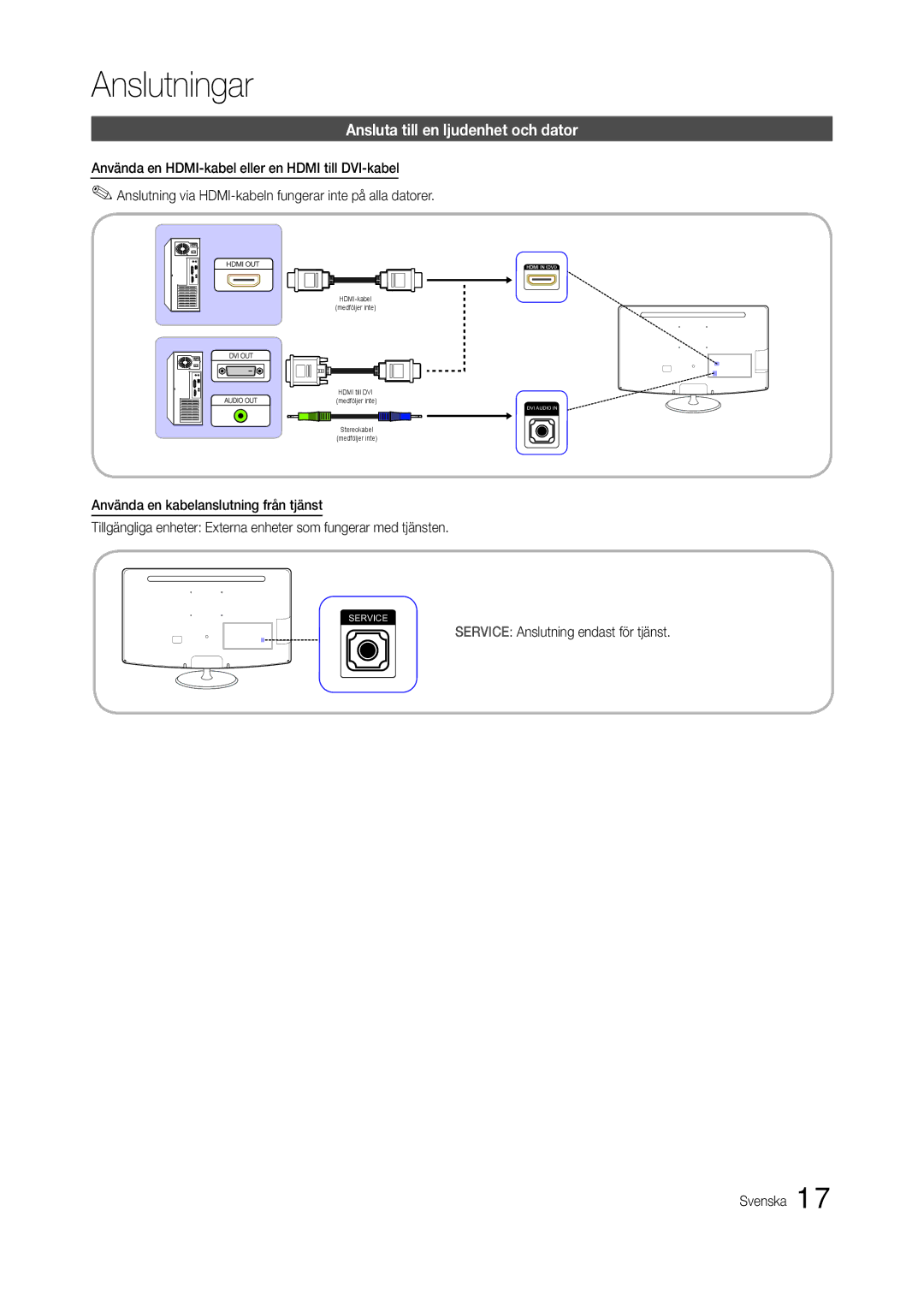 Samsung LT24B301EWY/XE manual Ansluta till en ljudenhet och dator, Service Anslutning endast för tjänst Svenska 