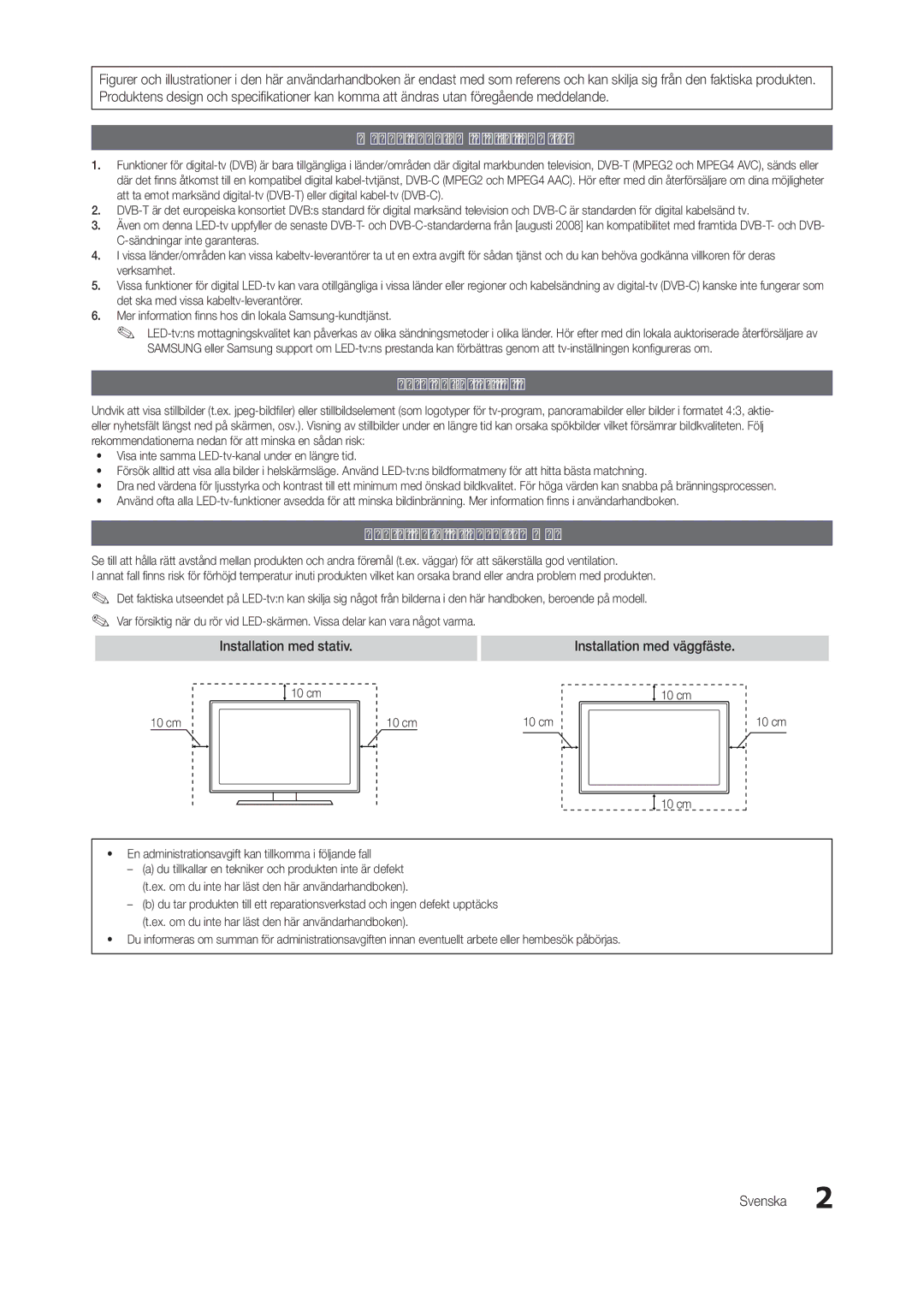 Samsung LT24B301EWY/XE manual Meddelande om digital LED-tv, Varning för stillbild, Säkra installationsutrymmet 