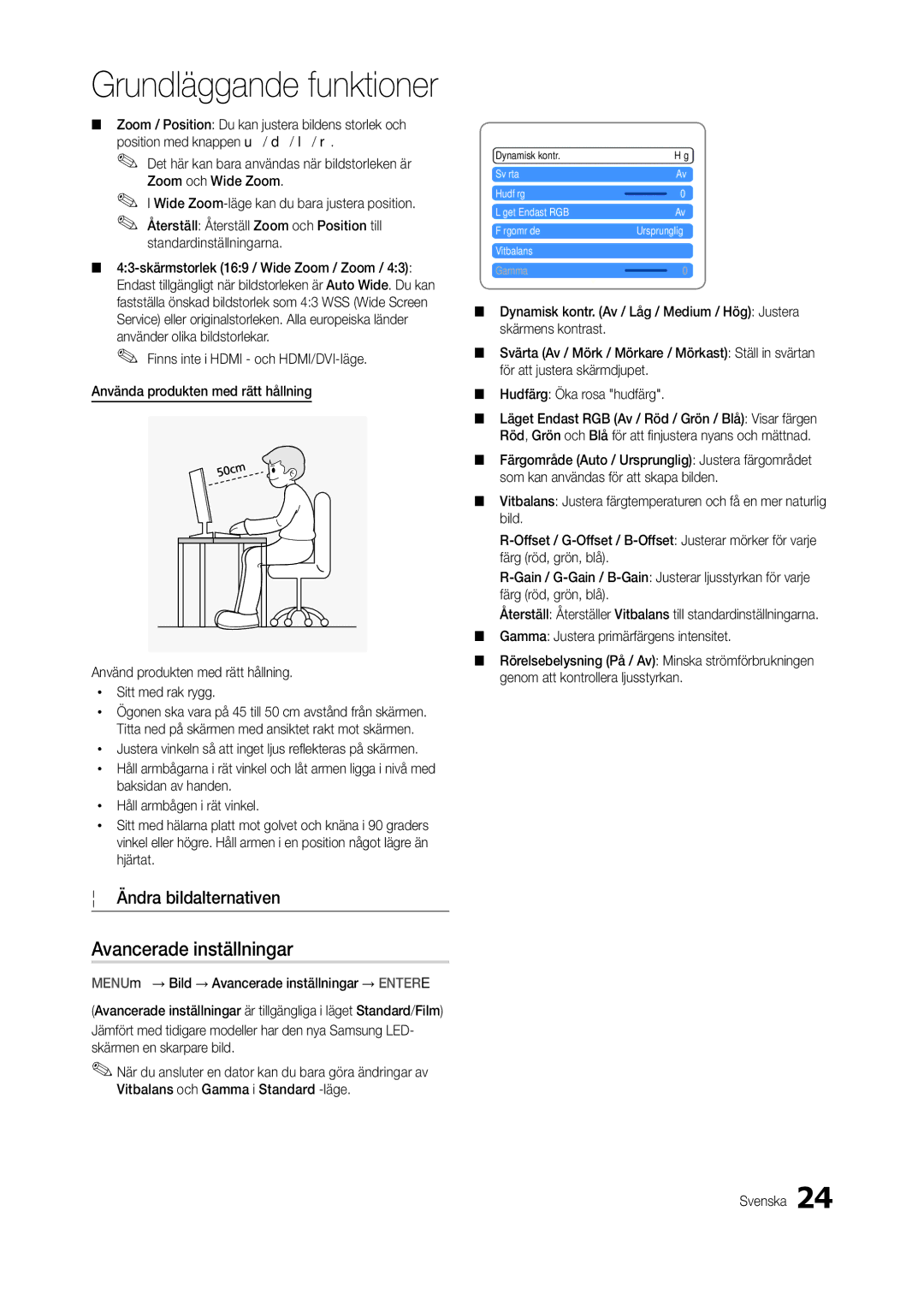 Samsung LT24B301EWY/XE manual Avancerade inställningar, Ändra bildalternativen 