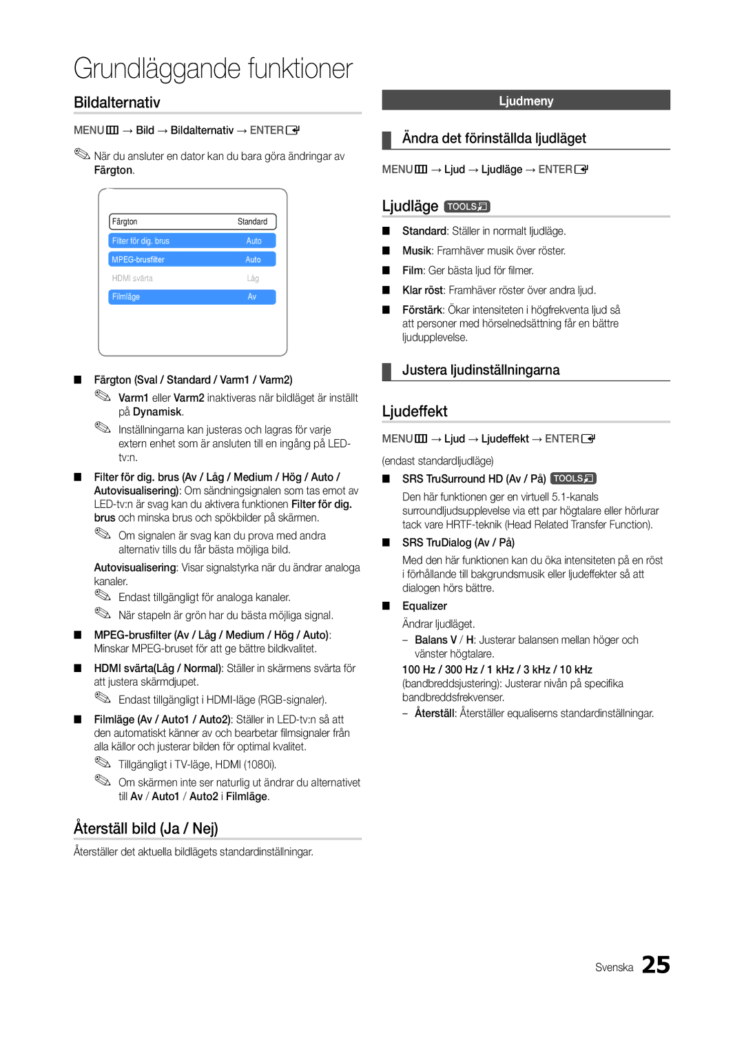 Samsung LT24B301EWY/XE manual Bildalternativ, Återställ bild Ja / Nej, Ljudläge t, Ljudeffekt 