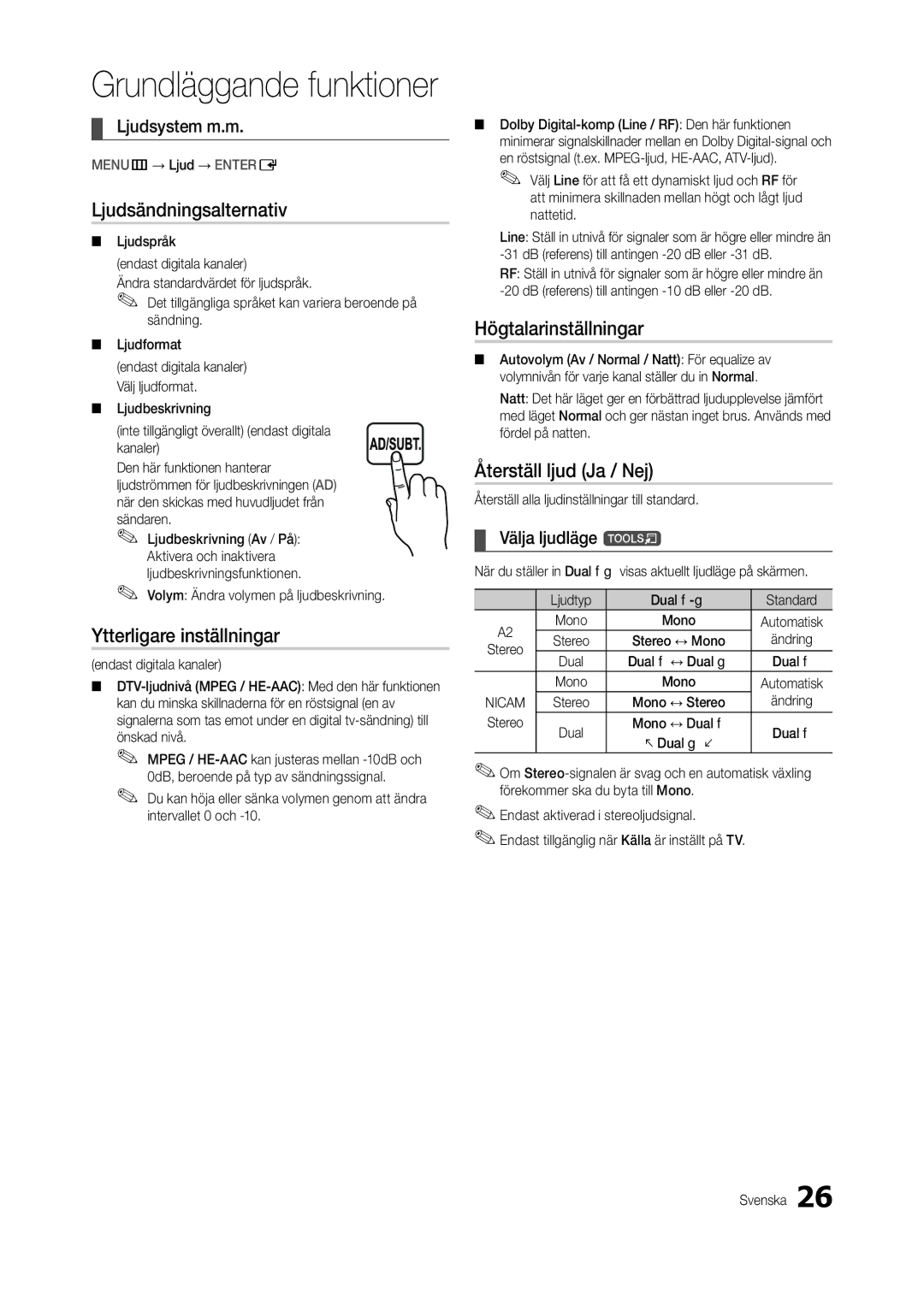 Samsung LT24B301EWY/XE Ljudsändningsalternativ, Ytterligare inställningar, Högtalarinställningar, Återställ ljud Ja / Nej 