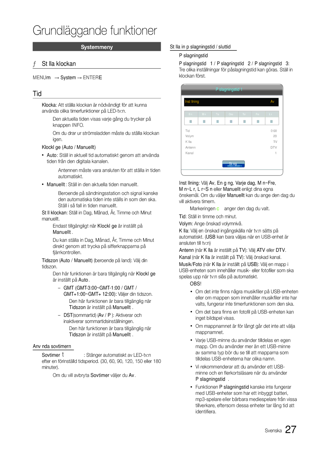 Samsung LT24B301EWY/XE manual Tid, Ställa klockan, Systemmeny, MENUm→ System → Entere 