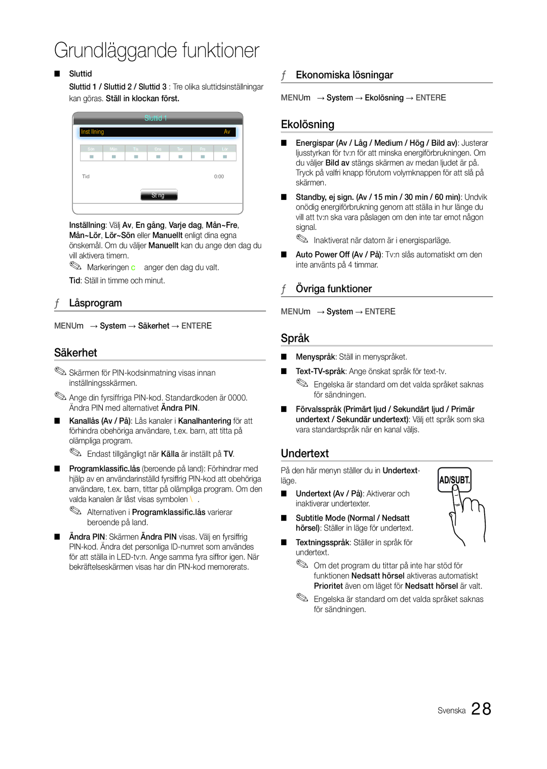 Samsung LT24B301EWY/XE manual Säkerhet, Ekolösning, Språk, Undertext 