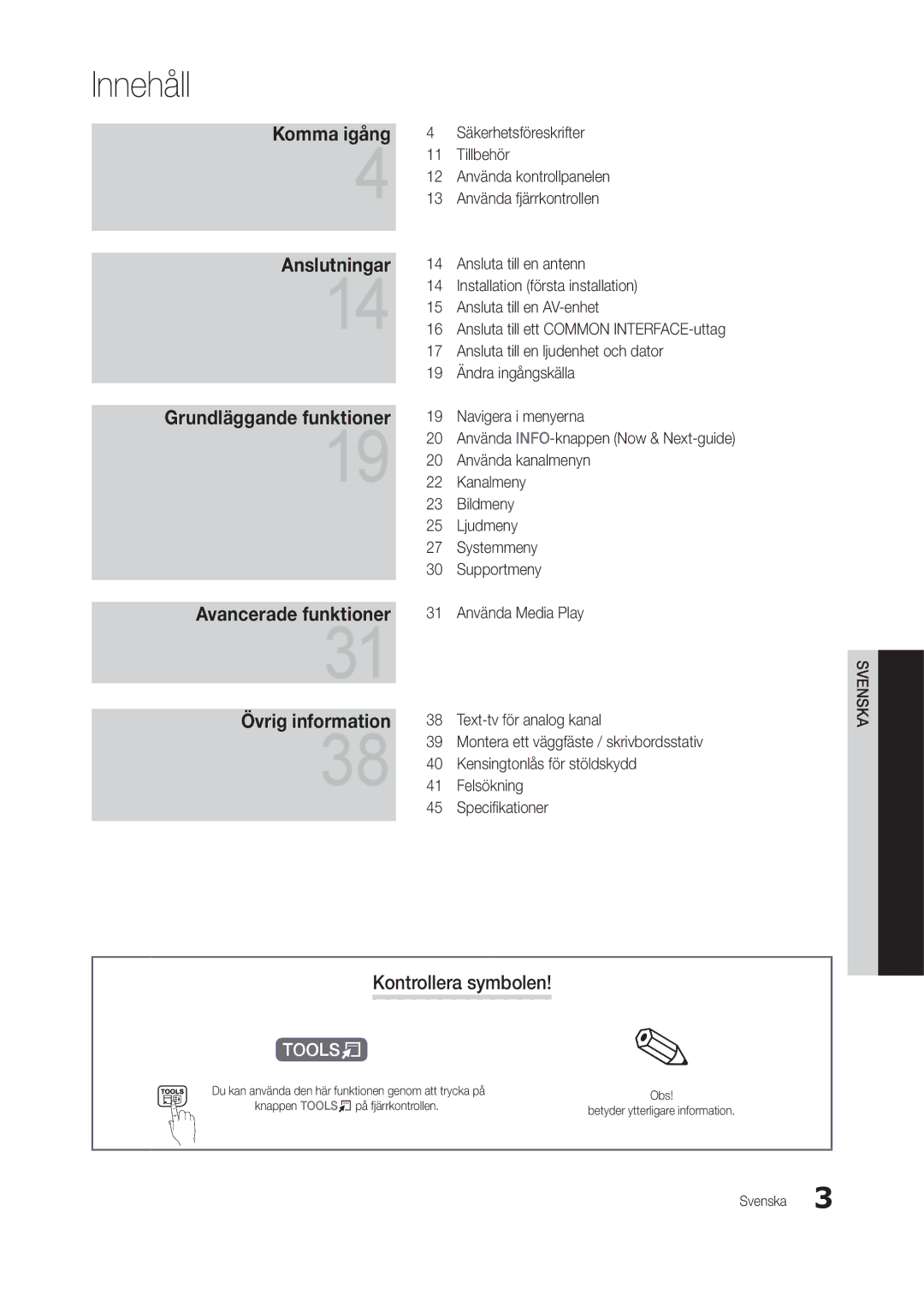 Samsung LT24B301EWY/XE manual Innehåll, Kontrollera symbolen 