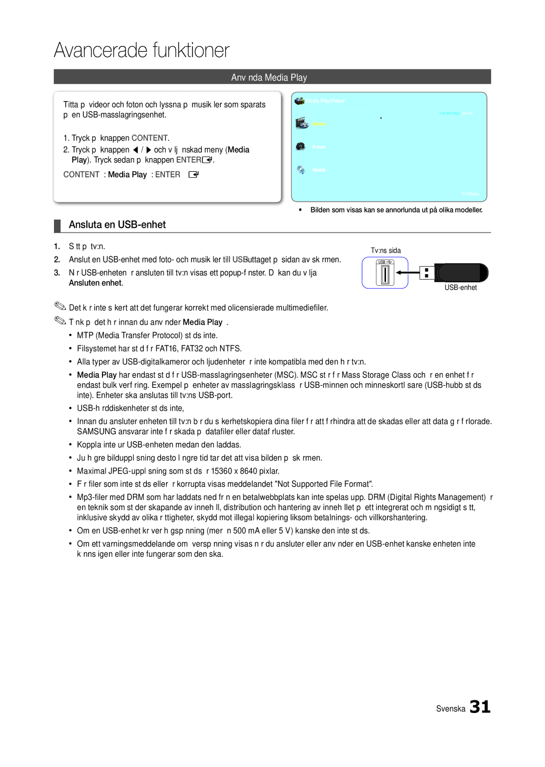 Samsung LT24B301EWY/XE manual Ansluta en USB-enhet, Använda Media Play, Sätt på tvn 