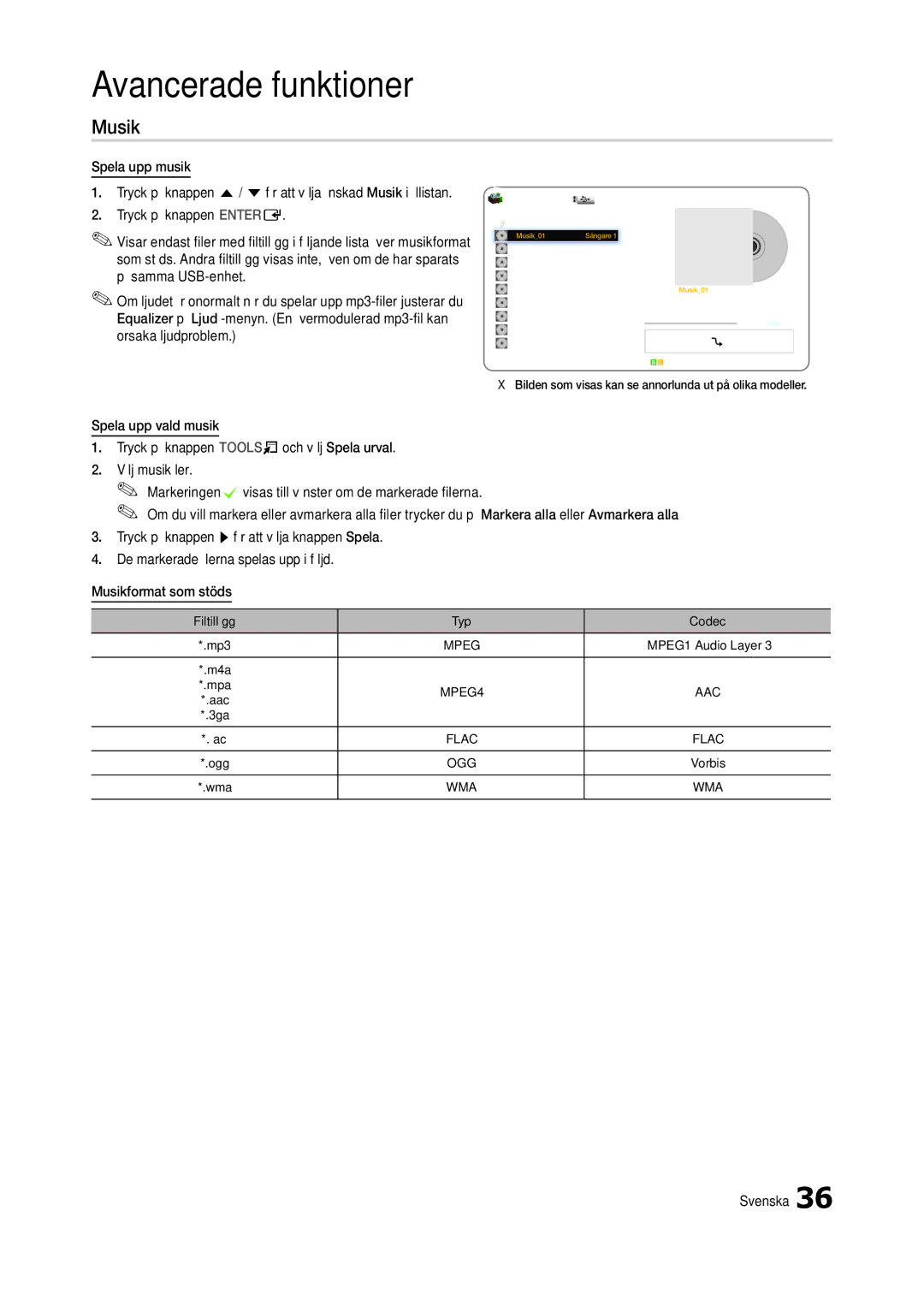 Samsung LT24B301EWY/XE manual Musik, Spela upp musik 