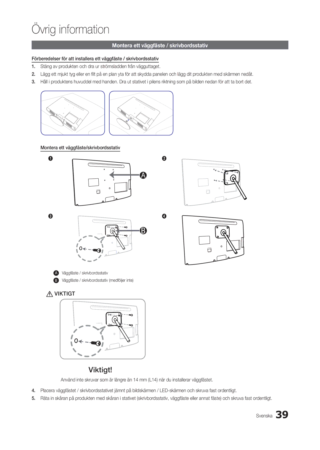 Samsung LT24B301EWY/XE manual Montera ett väggfäste / skrivbordsstativ 