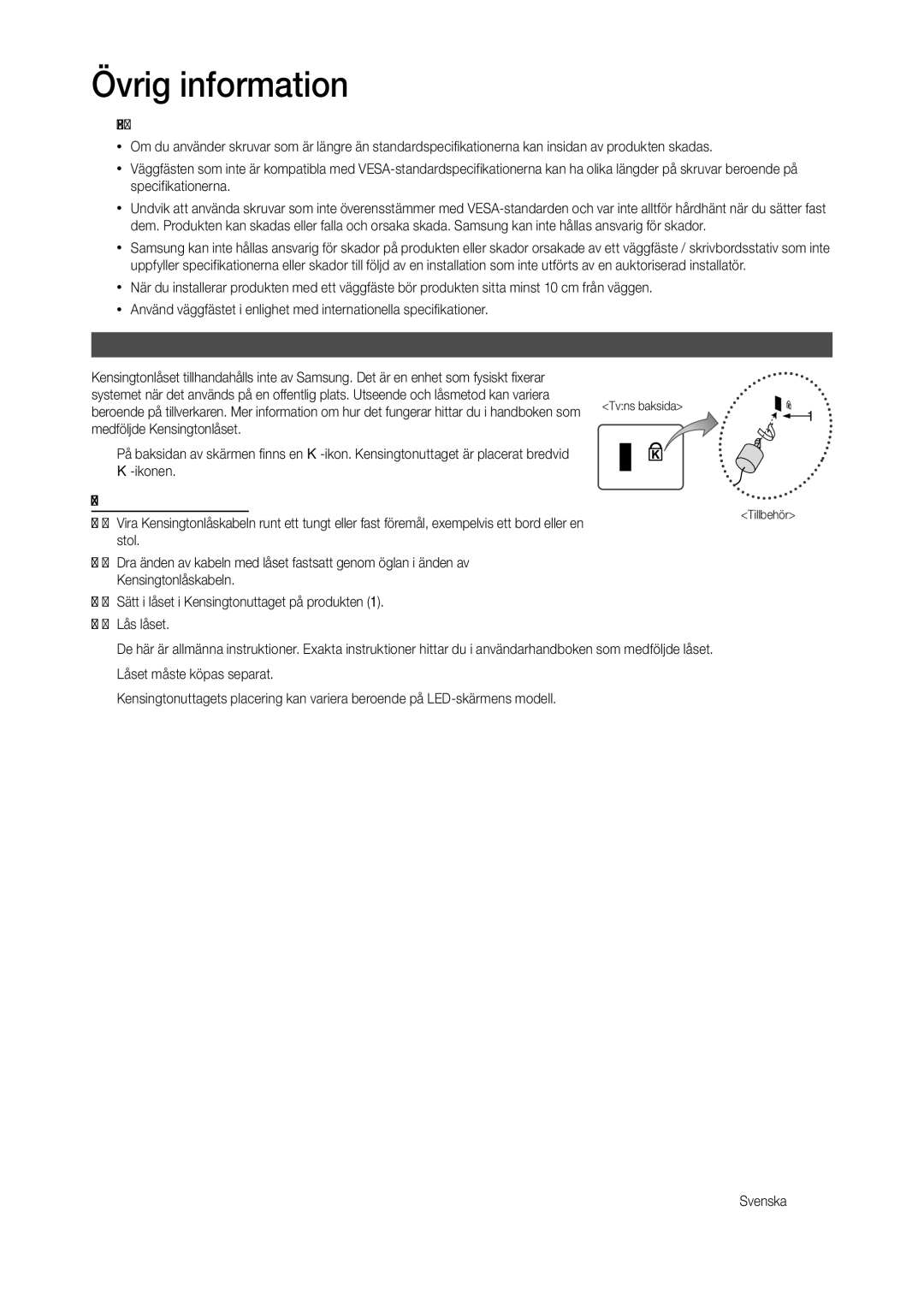 Samsung LT24B301EWY/XE manual Kensingtonlås för stöldskydd 