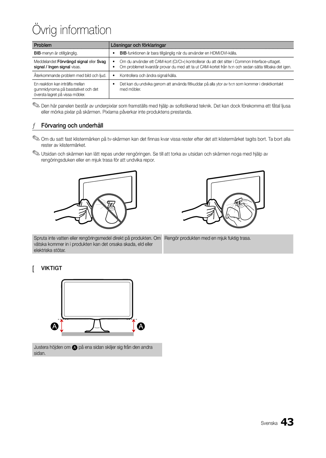 Samsung LT24B301EWY/XE manual Förvaring och underhåll, Signal / Ingen signal visas 