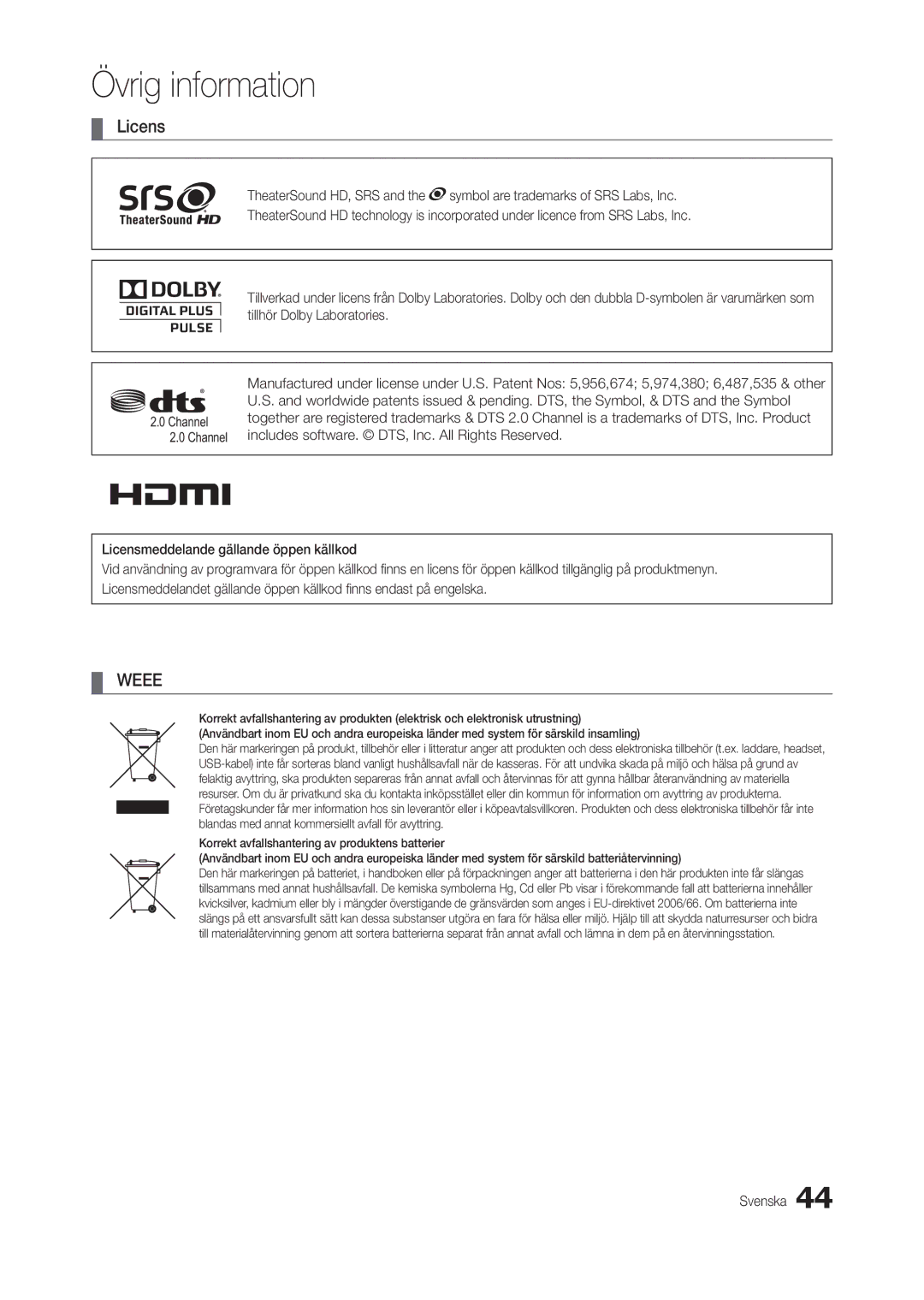 Samsung LT24B301EWY/XE manual Licens, Weee 