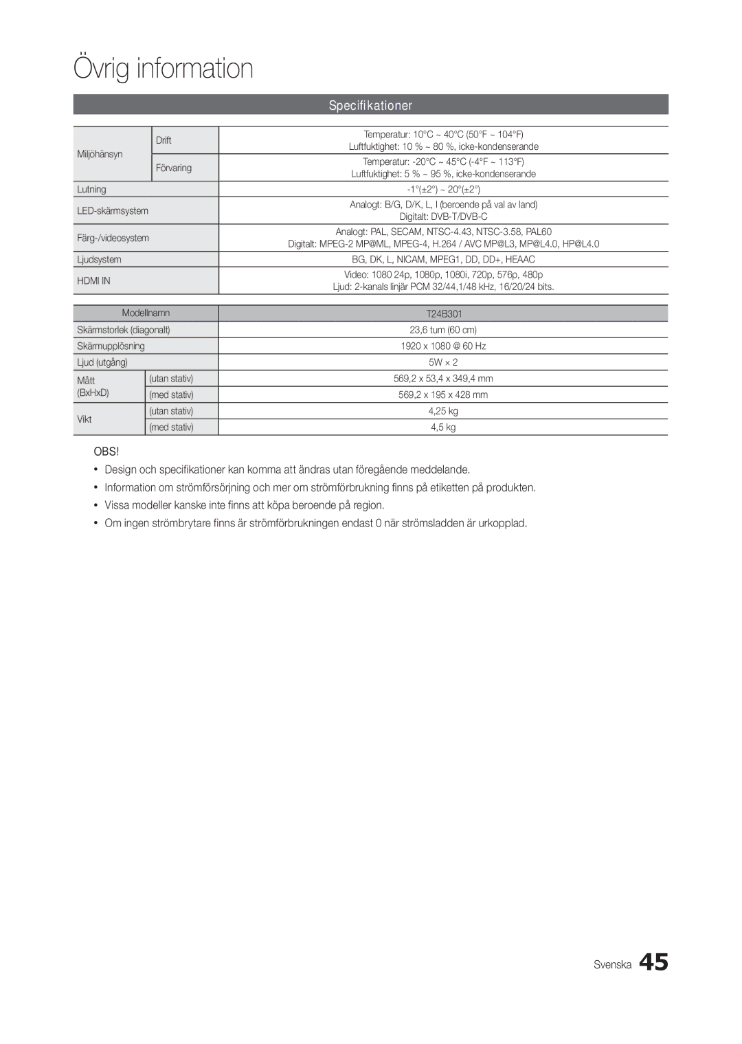 Samsung LT24B301EWY/XE manual Specifikationer, Lutning 