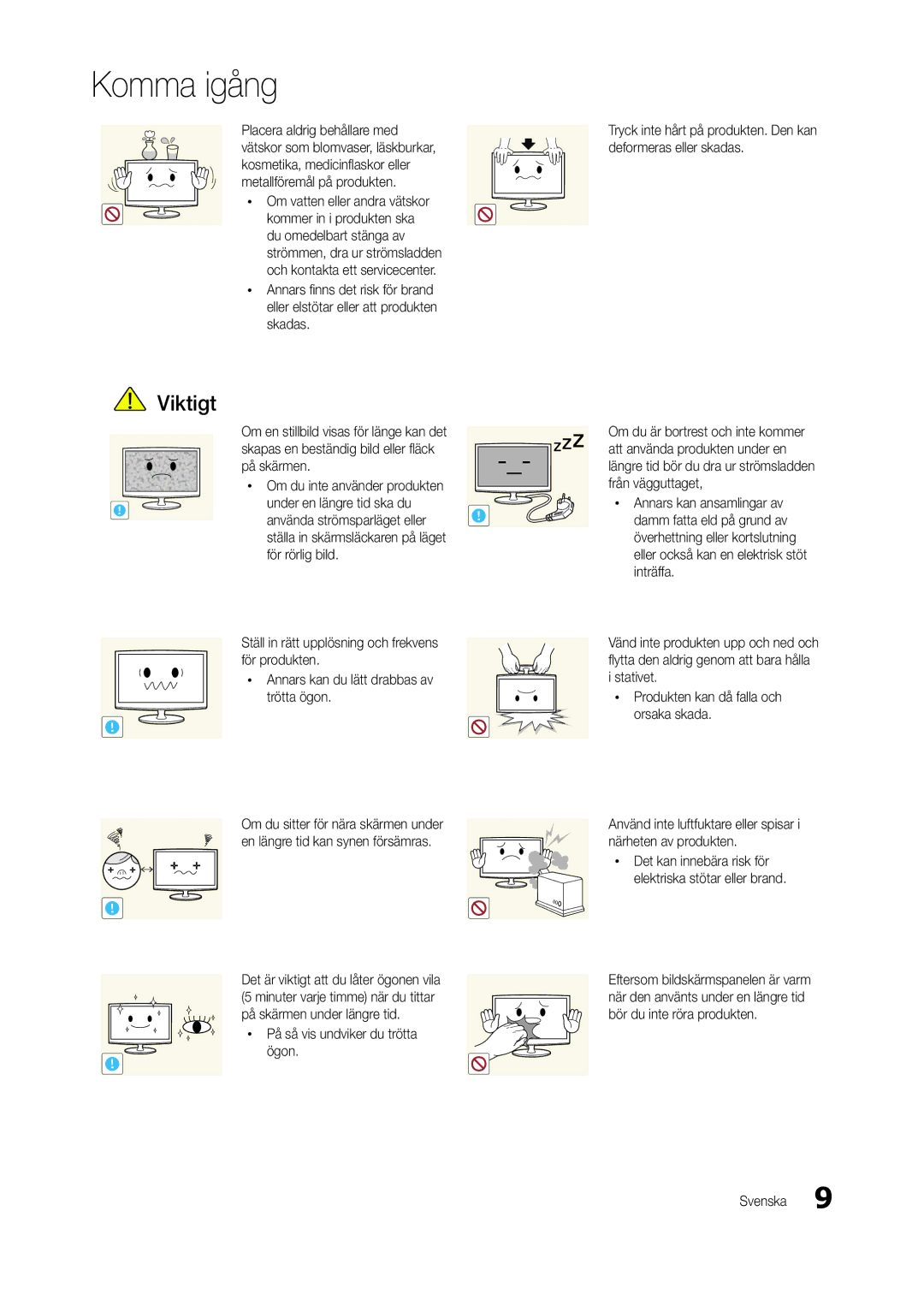 Samsung LT24B301EWY/XE manual Stativet Xx Produkten kan då falla och orsaka skada, Xx På så vis undviker du trötta ögon 