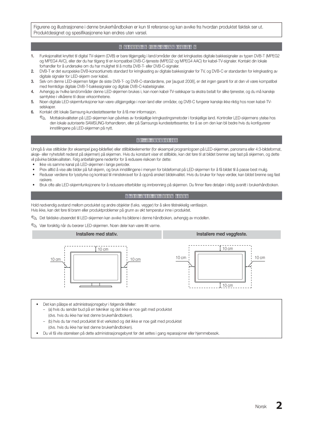 Samsung LT24B301EWY/XE manual Merknad om digital LED-skjerm, Stillbildeadvarsel, Sikre installasjonsområdet 