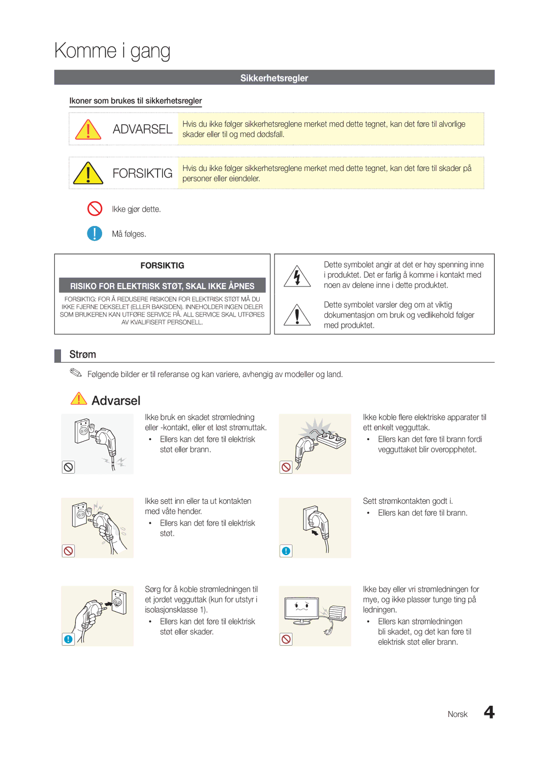 Samsung LT24B301EWY/XE manual Strøm, Sikkerhetsregler 