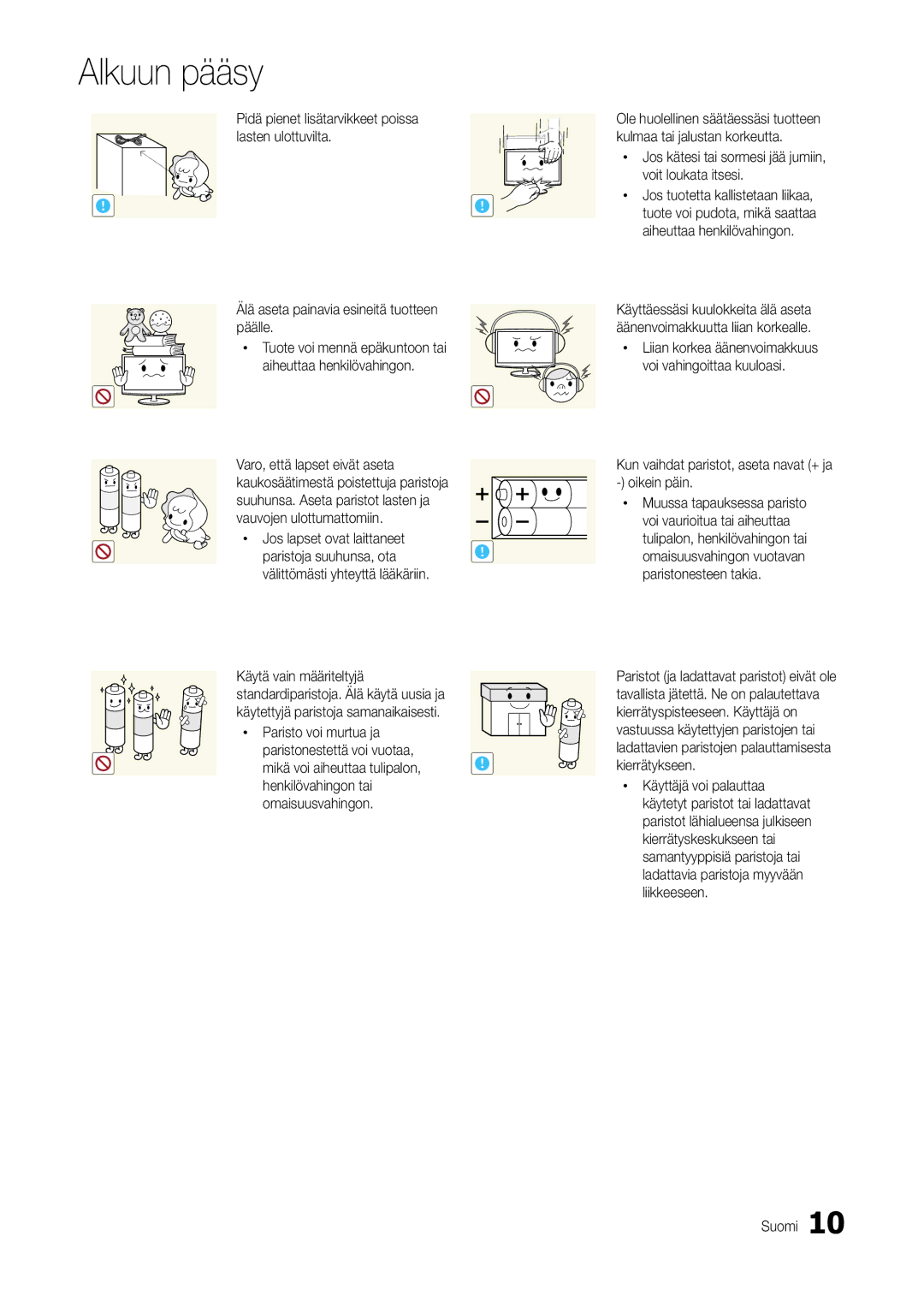 Samsung LT24B301EWY/XE manual Jos lapset ovat laittaneet Paristoja suuhunsa, ota, Käytä vain määriteltyjä 