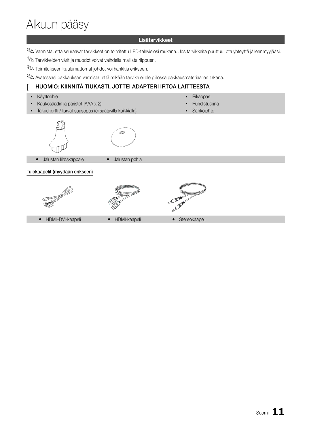 Samsung LT24B301EWY/XE manual Lisätarvikkeet, Sähköjohto, Yy Jalustan liitoskappale 