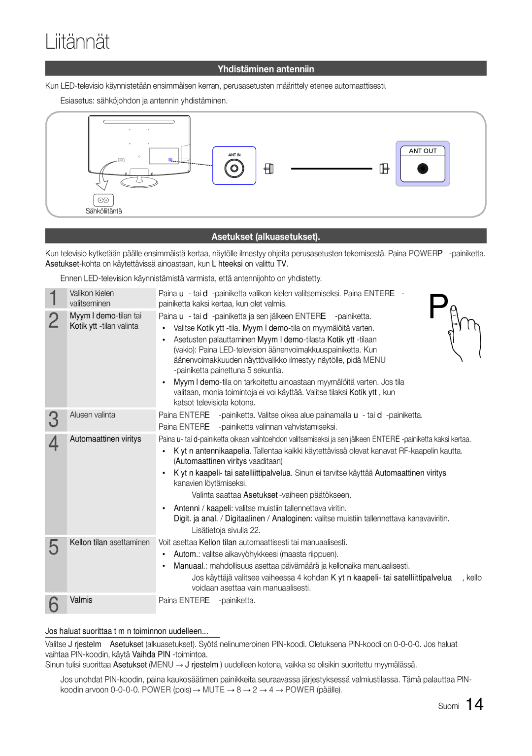 Samsung LT24B301EWY/XE manual Liitännät, Yhdistäminen antenniin, Asetukset alkuasetukset 