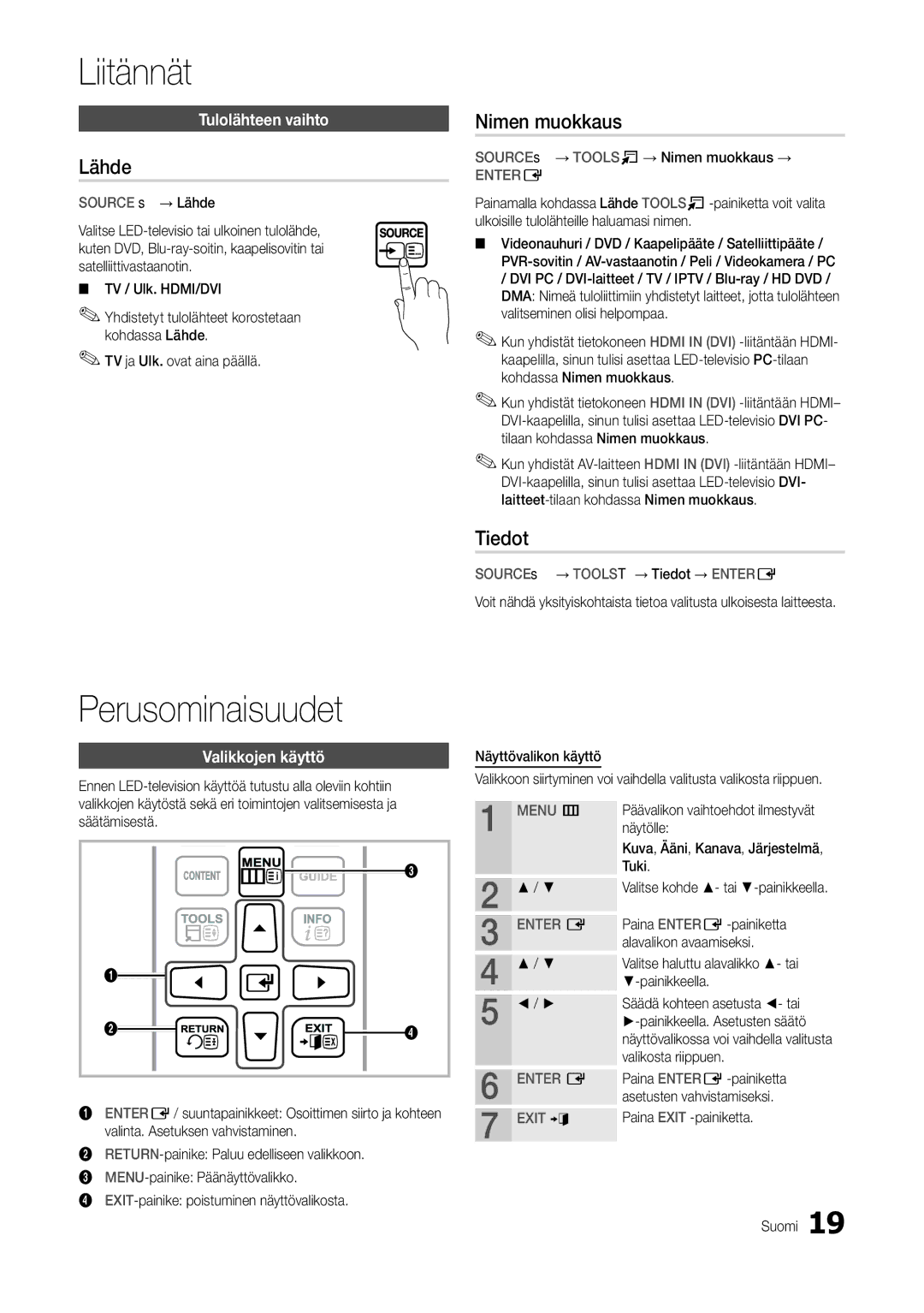 Samsung LT24B301EWY/XE manual Perusominaisuudet, Lähde, Nimen muokkaus, Tiedot 