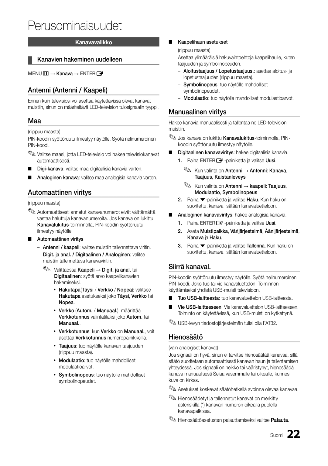 Samsung LT24B301EWY/XE manual Antenni Antenni / Kaapeli, Maa, Automaattinen viritys, Manuaalinen viritys, Siirrä kanaval 