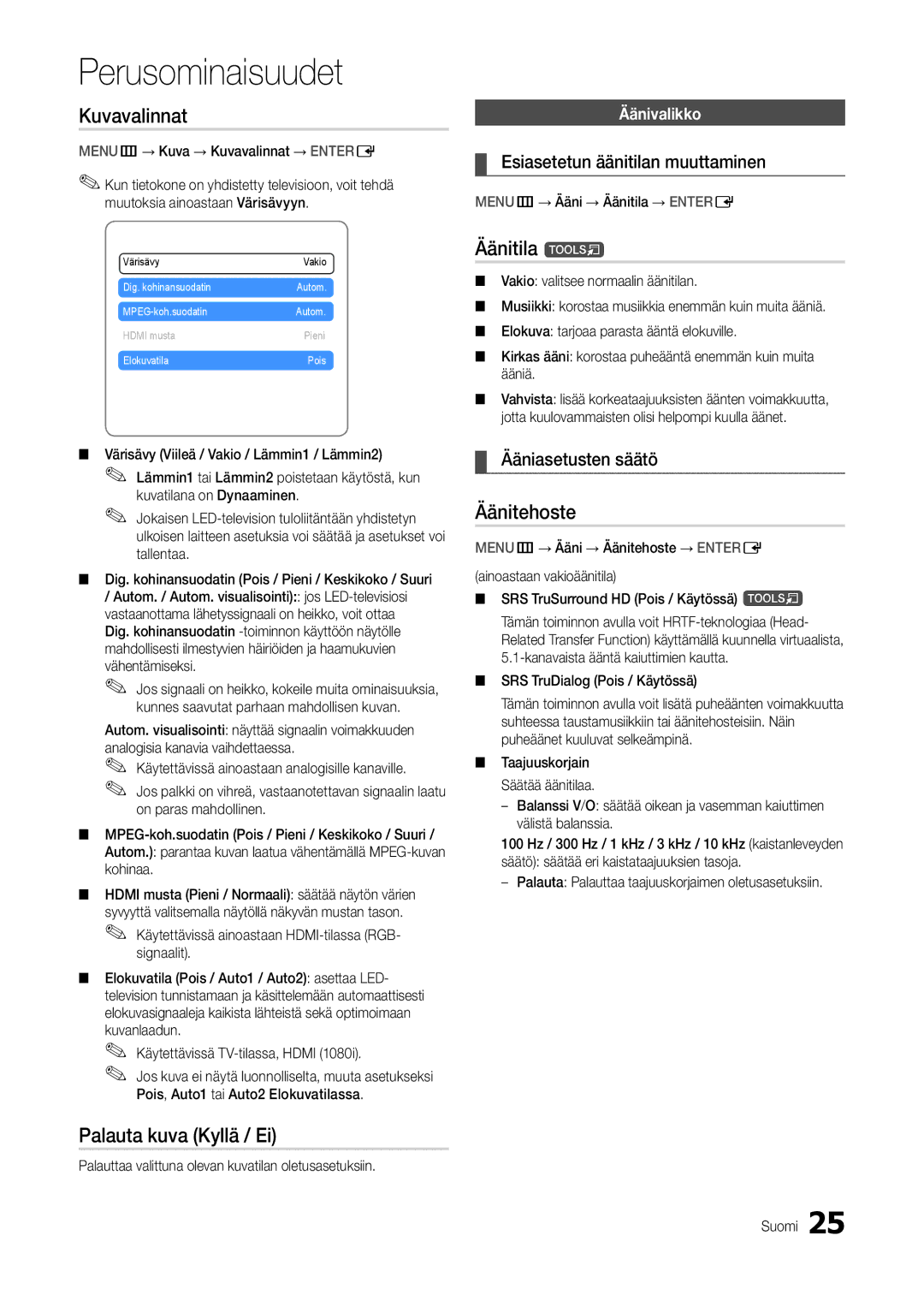 Samsung LT24B301EWY/XE manual Kuvavalinnat, Äänitila t, Äänitehoste, Palauta kuva Kyllä / Ei 