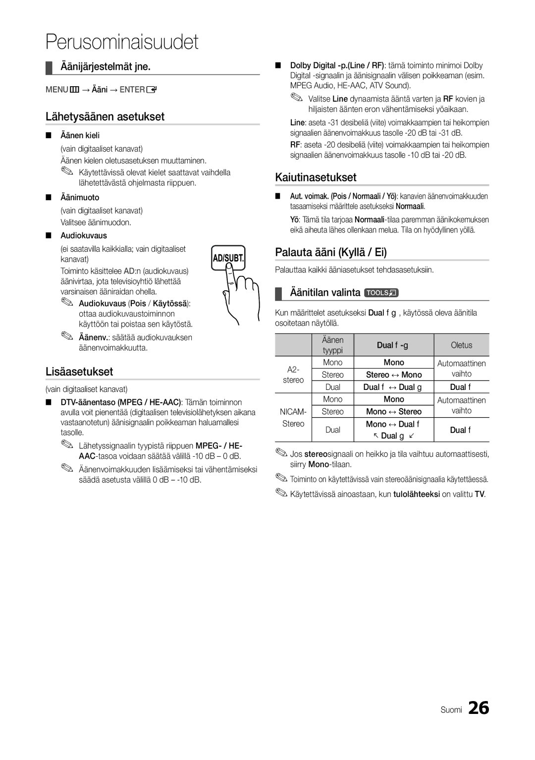 Samsung LT24B301EWY/XE manual Lähetysäänen asetukset, Kaiutinasetukset, Palauta ääni Kyllä / Ei, Äänijärjestelmät jne 