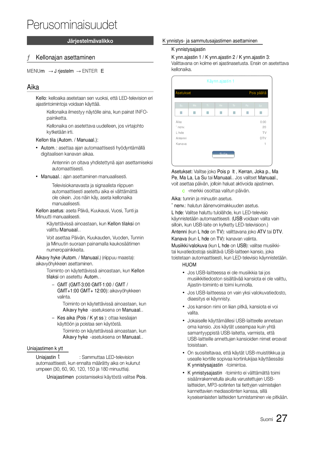 Samsung LT24B301EWY/XE manual Aika, Kellonajan asettaminen, Järjestelmävalikko 