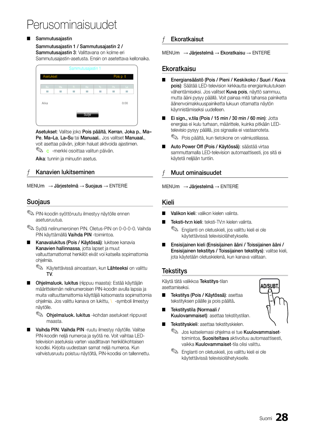 Samsung LT24B301EWY/XE manual Ekoratkaisu, Suojaus, Kieli, Tekstitys 