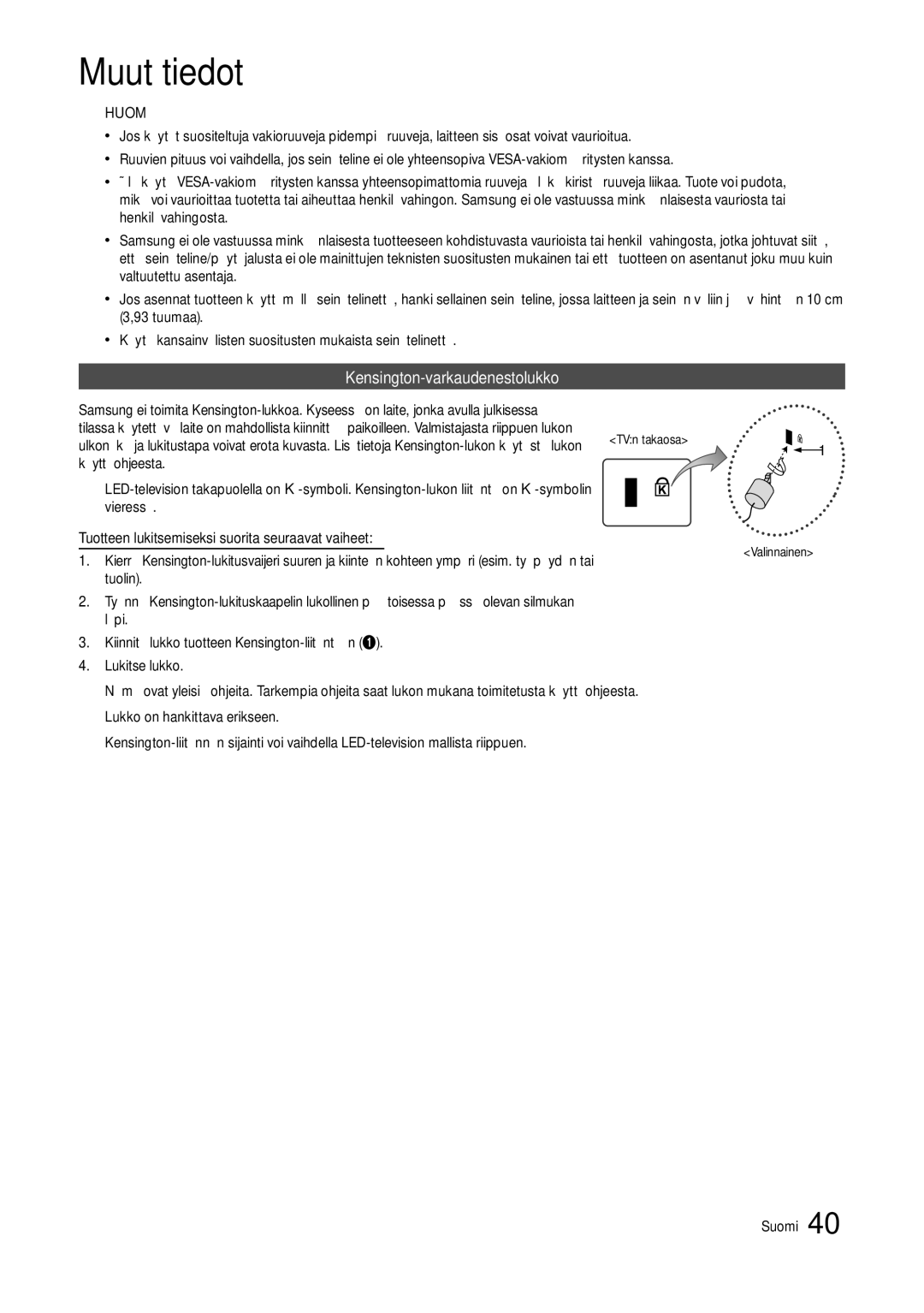 Samsung LT24B301EWY/XE manual Kensington-varkaudenestolukko 