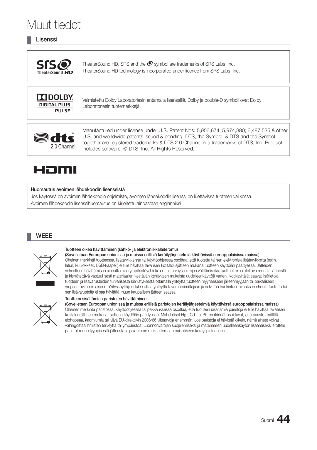 Samsung LT24B301EWY/XE manual Lisenssi, Channel, Includes software. DTS, Inc. All Rights Reserved 