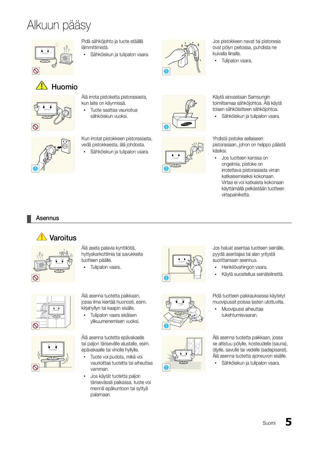 Samsung LT24B301EWY/XE manual Asennus, Vamman, Xx Sähköiskun ja tulipalon vaara Suomi 