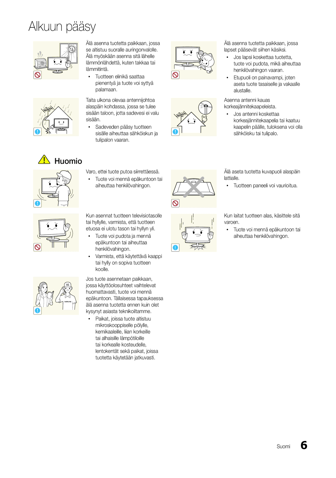 Samsung LT24B301EWY/XE manual Tulipalon vaaran, Varo, ettei tuote putoa siirrettäessä, Huomattavasti, tuote voi mennä 