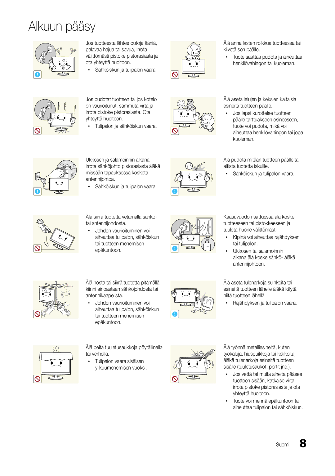 Samsung LT24B301EWY/XE manual Älä anna lasten roikkua tuotteessa tai kiivetä sen päälle, Epäkuntoon 