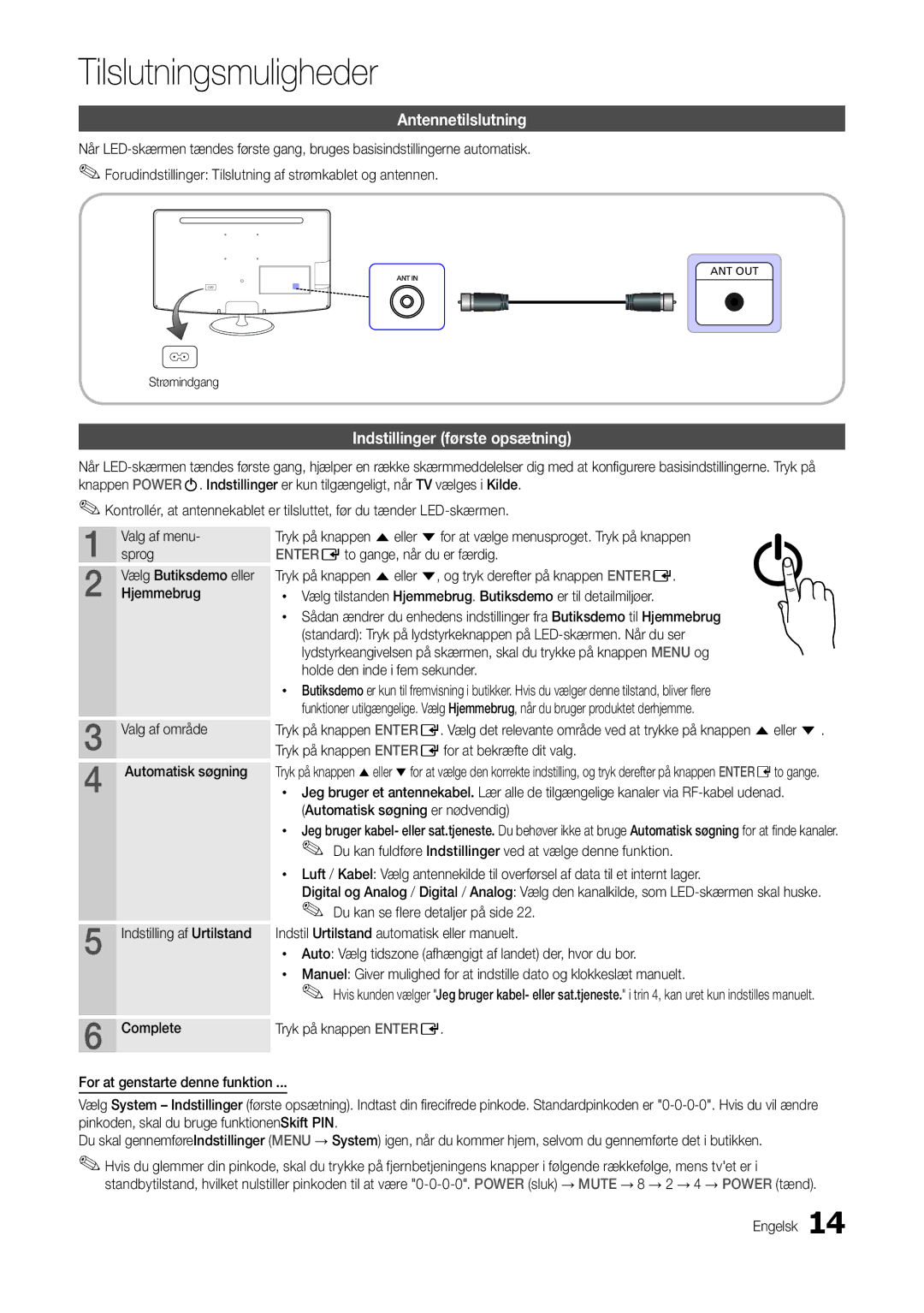 Samsung LT24B301EWY/XE manual Tilslutningsmuligheder, Antennetilslutning, Indstillinger første opsætning, Hjemmebrug 