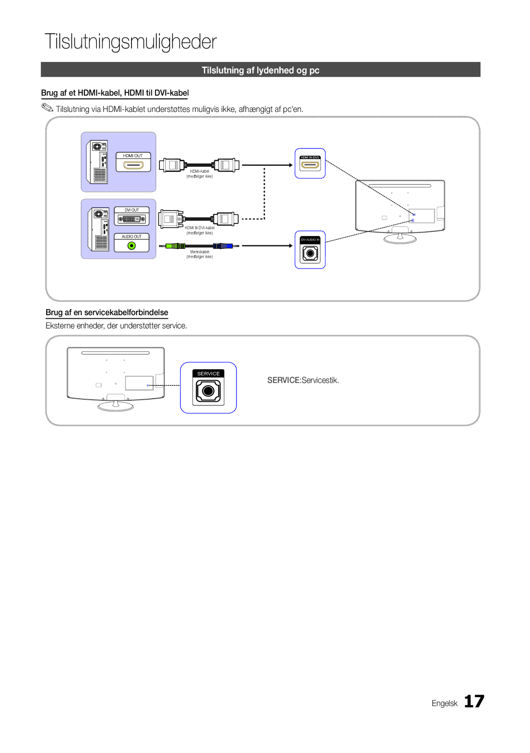 Samsung LT24B301EWY/XE manual Tilslutning af lydenhed og pc, SERVICEServicestik Engelsk 