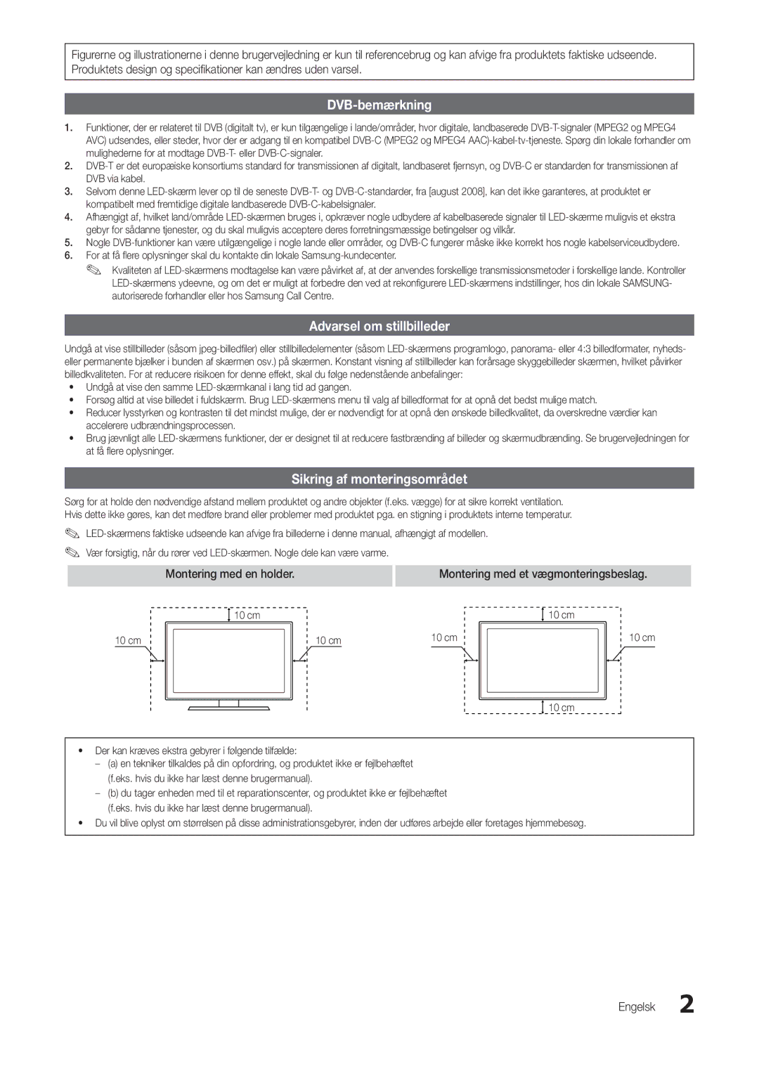 Samsung LT24B301EWY/XE manual DVB-bemærkning, Sikring af monteringsområdet, Montering med en holder, Engelsk 