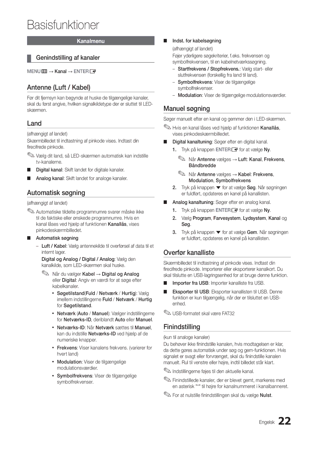 Samsung LT24B301EWY/XE Antenne Luft / Kabel, Land, Automatisk søgning, Manuel søgning, Overfør kanalliste, Finindstilling 