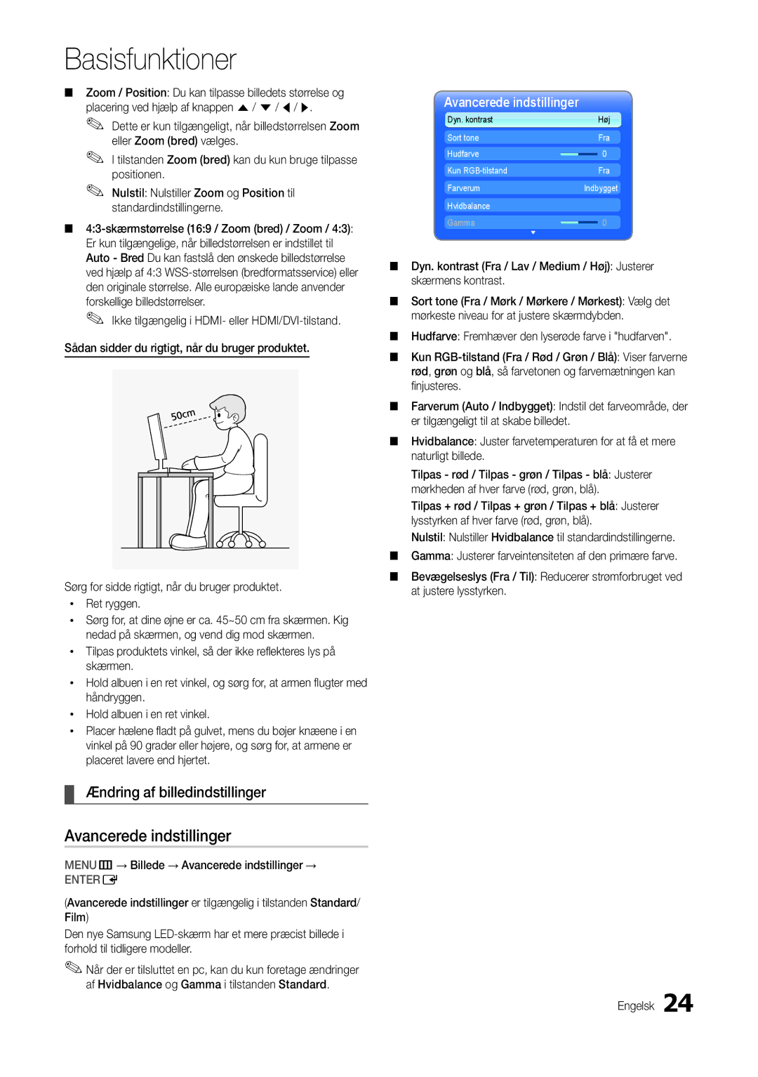 Samsung LT24B301EWY/XE manual Avancerede indstillinger, Ændring af billedindstillinger 