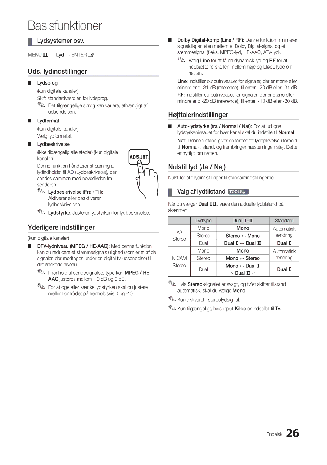 Samsung LT24B301EWY/XE manual Uds. lydindstillinger, Yderligere indstillinger, Højttalerindstillinger, Nulstil lyd Ja / Nej 