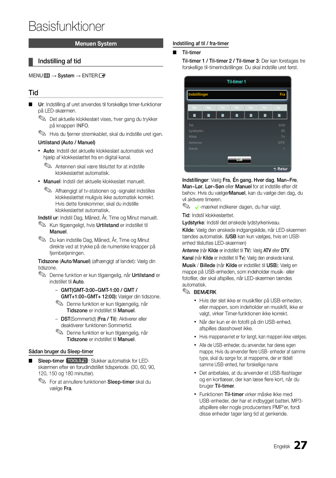 Samsung LT24B301EWY/XE manual Tid, Indstilling af tid, Menuen System, MENUm→ System → Entere, Urtilstand Auto / Manuel 