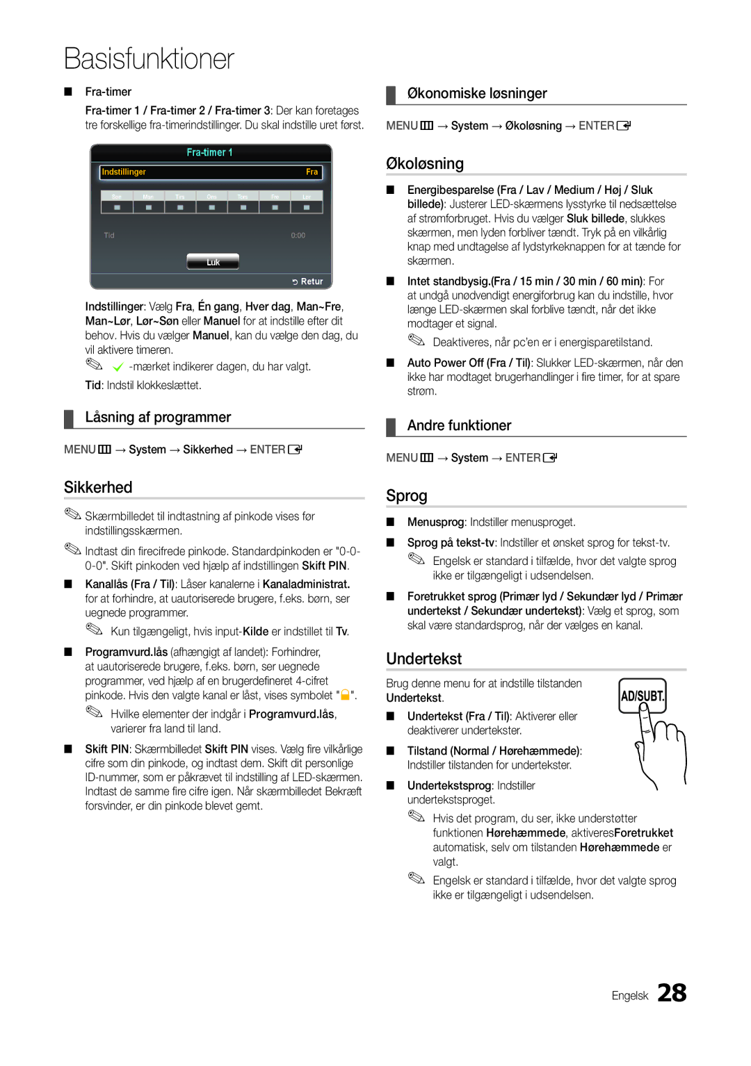 Samsung LT24B301EWY/XE manual Sikkerhed, Økoløsning, Sprog, Undertekst 