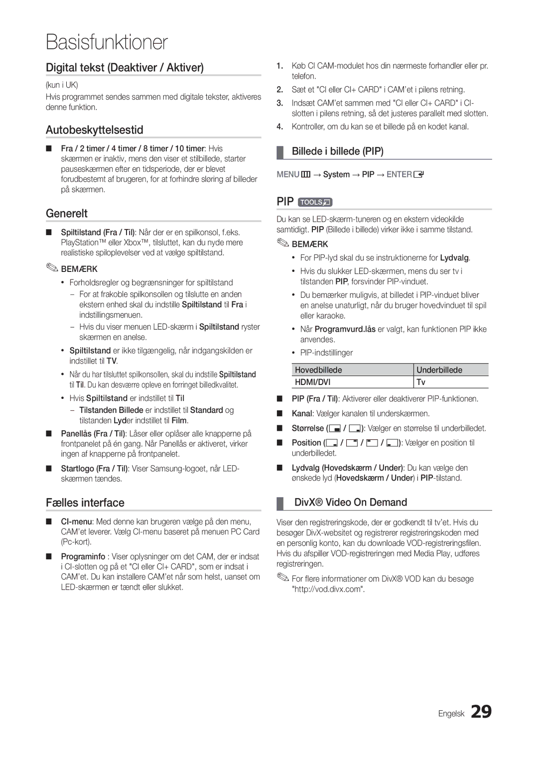 Samsung LT24B301EWY/XE manual Digital tekst Deaktiver / Aktiver, Autobeskyttelsestid, Generelt, PIP t, Fælles interface 