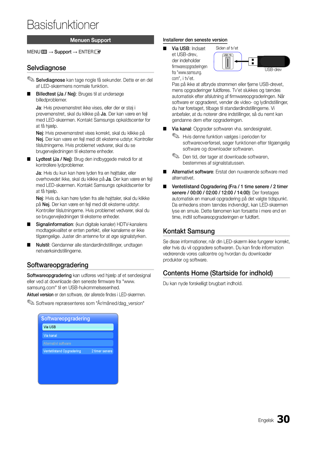 Samsung LT24B301EWY/XE manual Selvdiagnose, Softwareopgradering, Kontakt Samsung, Contents Home Startside for indhold 