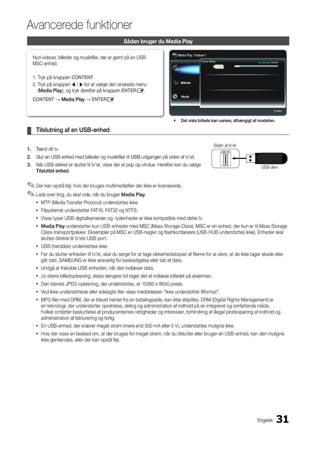 Samsung LT24B301EWY/XE manual Avancerede funktioner, Tilslutning af en USB-enhed, Sådan bruger du Media Play 