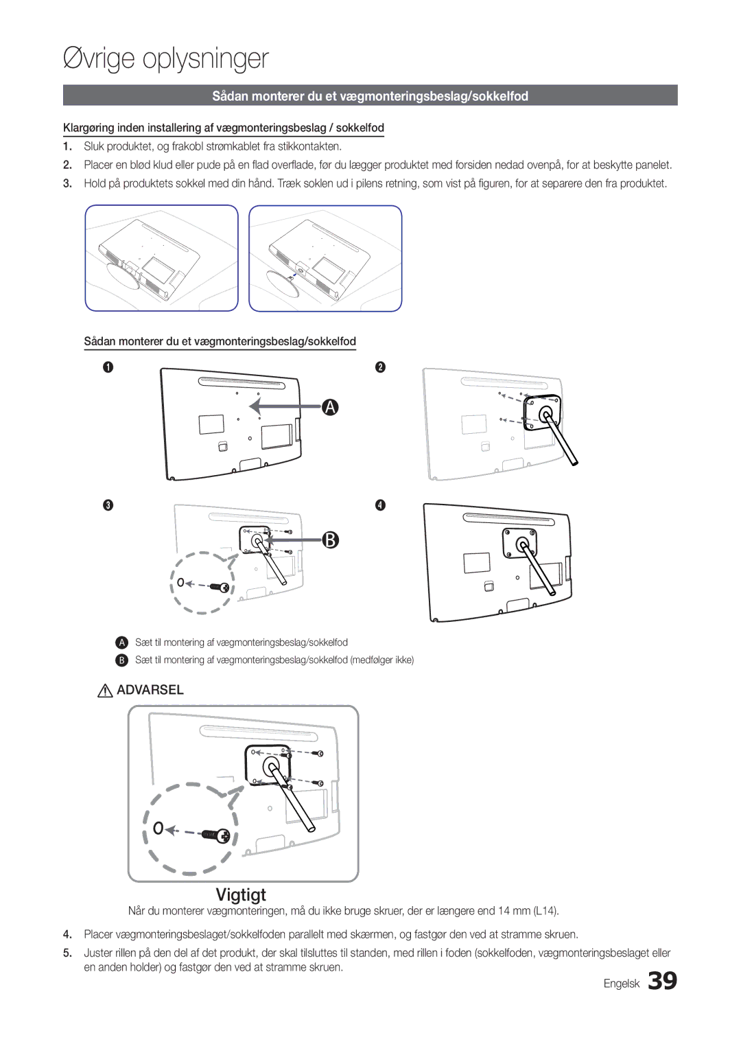 Samsung LT24B301EWY/XE manual Sådan monterer du et vægmonteringsbeslag/sokkelfod 